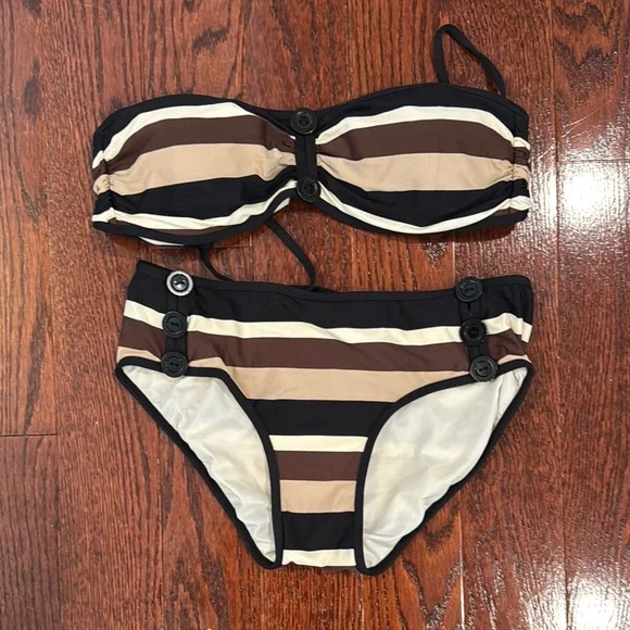 DKNY Striped Black and Brown Bikini Set - Picture 1 of 4